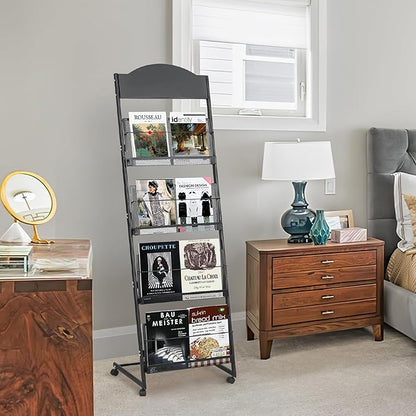 18.9''W Floor-Standing Magazine Display Rack, Rolling Journals, Brochure & Newspaper Stand, Literature Holder for Trade Shows, Exhibitions, & Offices, Black