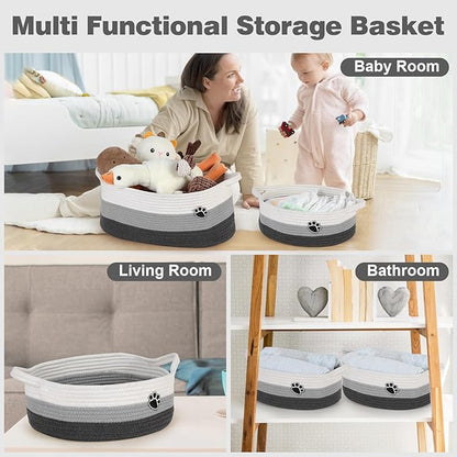 Dog Toy Basket, Toy Box and Bin for Dog Cat Storage, 13.5" X 11" X 5" Small Woven Rope Basket for Baby Storage, Closet, Living Room, White & Grey