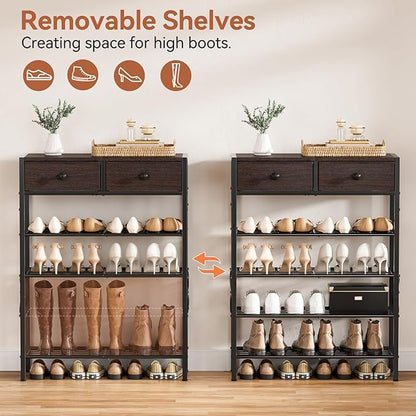 Shoe Rack for Entryway, 5 Tier Shoe Organizer with 2 Non-Woven Drawers, Metal Storage Shoe Shelf for 16-20 Pairs of Shoes, with Wooden Top and Steel Frame, Shoe Stand for Closet Dark Brown