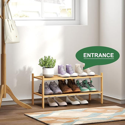 Bamboo Shoe Rack, 2-Tier Shoe Rack for Entryway, Free Standing Shoe Racks for Indoor & Outdoor, Stackable Shoe Organizer for Closet,