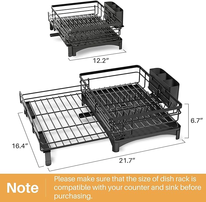 Dish Drying Rack, Extendable Dish Rack, Large Sink Drying Dish Drainer for Kitchen Counter, Carbon Steel Dish Strainer with Utensil Holder,Black