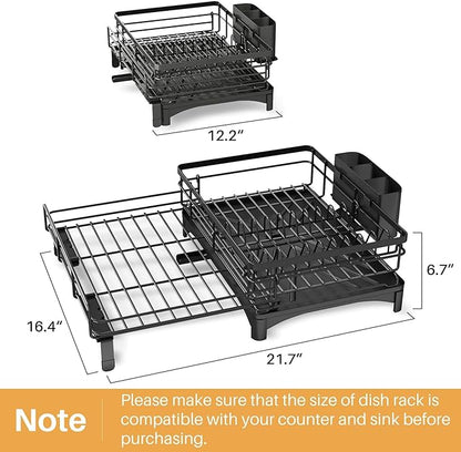 Dish Drying Rack, Extendable Dish Rack, Large Sink Drying Dish Drainer for Kitchen Counter, Carbon Steel Dish Strainer with Utensil Holder,Black