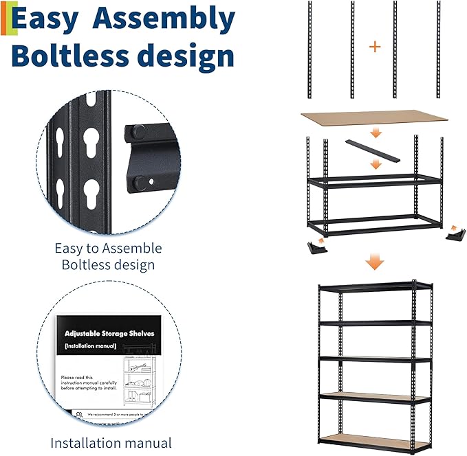 5-Tier Garage Storage Shelves for Kitchen Pantry Basement Bathroom Laundry Heavy Duty Metal Adjustable Shelving Unit Storage Shelving, 2500 LBS Capacity, 48" l x 24" w x 72" h