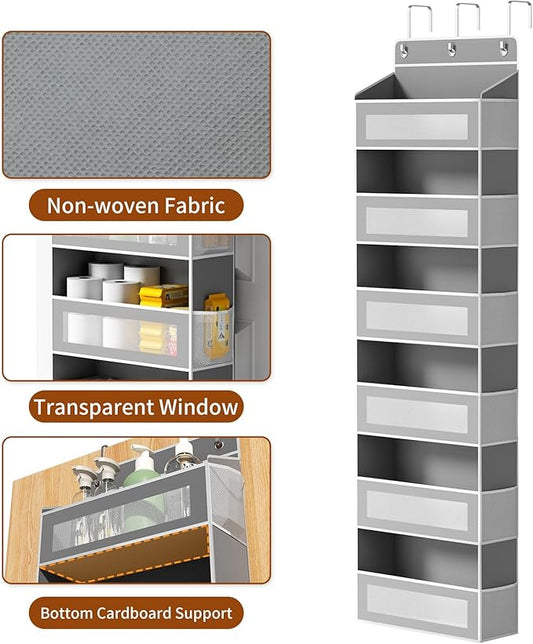 Over The Door Organizer with 6 Large Pockets, Over the Door Storage 12 Side Pockets, Hanging Door Organzier 44 lb Load Behind Door Storage Hanging Shelf for Closet Wall Bathroom Nursery, 6-Tier Grey