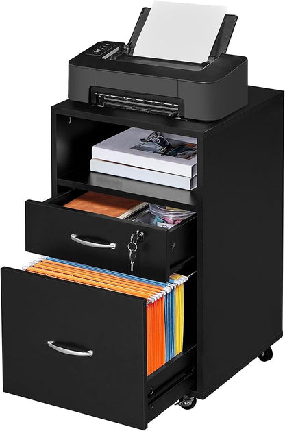 Yaheetech File Cabinet, Under Desk Vertical Cabinet with 2 Drawers and Open Compartment, Printer Stand with Lockable Wheels for A4 Letter Size Hangable File Folders for Home Office(Black)