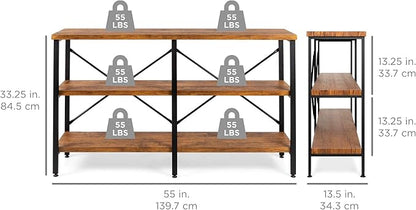 Best Choice Products Large Console Table, 3-Tier 55in Rustic, Industrial Sofa Table Storage for Living Room, Entryway, Foyer, Hallway w/EVA Non-Scratch Feet, Steel Frame - Brown