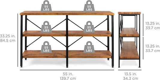 Best Choice Products Large Console Table, 3-Tier 55in Rustic, Industrial Sofa Table Storage for Living Room, Entryway, Foyer, Hallway w/EVA Non-Scratch Feet, Steel Frame - Brown