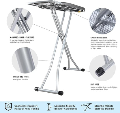 oleaf Ironing Board with Cover and Thicken Pad 43 x 13 Height Adjustable Full Size Foldable Iron Board with Iron Rest, Stable Steel Legs, Metal Construction, Heat Resistant, Dark Gray