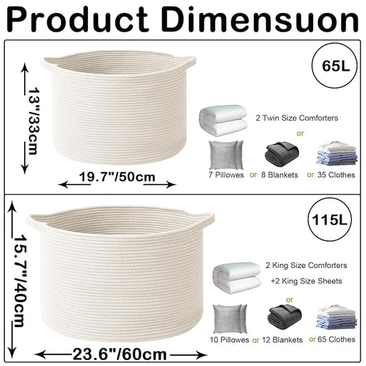 115L Large Blanket Basket,23.6" L x 23.6" W x 15.7" H Rope Woven Baskets with Handles, Toys Storage Bins,Laundry Basket Perfect for Living Room, Nursery,Bedroom,Home Organization,White