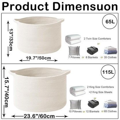 65L Large Blanket Basket,19.7" L x 19.7" W x 13" H Rope Woven Baskets with Handles, Toys Storage Bins,Laundry Basket Perfect for Living Room, Nursery,Bedroom,Home Organization,White