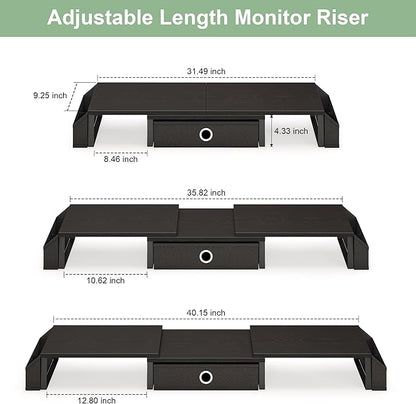 Dual Monitor Stand Riser w/ Drawer & Metal Leg, Large Computer Monitor Riser w/ Storage For 2 Monitors, Desk Shelf For Monitor w/ Adjustable Length & Angle, Desktop Organizer For Laptop/TV/Printer