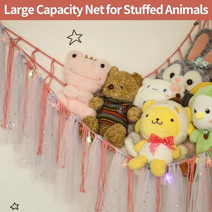 Stuffed Animal Hammock with LED Lights - 59 Inch Large Toy Storage Net for Kids Bedroom, Wall-Mounted Plush Organizer with Wooden Rings, Nursery Decor (Handwoven, Dark Pink)