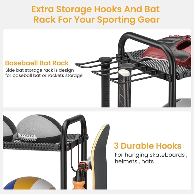 Basketball Rack 3-Shelf Training Stand, Garage Sports Equipment Organizer - Rolling Ball Storage Rack with Wheels, Ball Racks for Basketball, Soccer, Basketball Racks Ball Cart with Hooks.