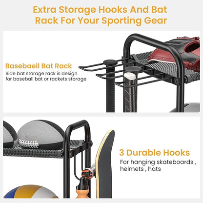 Basketball Rack 3-Shelf Training Stand, Garage Sports Equipment Organizer - Rolling Ball Storage Rack with Wheels, Ball Racks for Basketball, Soccer, Basketball Racks Ball Cart with Hooks.