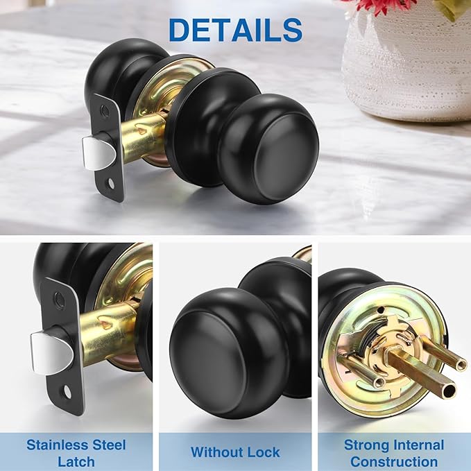 Sopoby Black Door Knob, 8 Pack Round Keyless Doorknobs Interior/Exterior Lockset, Passage Door Knobs for Bedroom/Bathroom, Black Modern Design Door Hardware