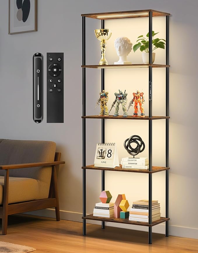 5 Tier Bookshelf with LED Light, Dimmable Bookcase with Touch & Remote Control, 3 Color Temperatures, Tall Modern Display Standing Shelf for Living Room, Bedroom, Home Office (Rustic Brown)