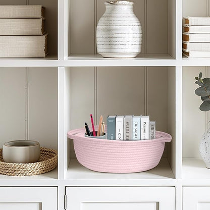 Small Baskets for Gifts Empty, 13"x 9"x 5" Woven Gift Basket with Bag and Ribbon, Cotton Rope Kids Dog Cat Toy Bin Box, Cute Baby Nursery Organizer, Decorative Storage with Handles (Pink)