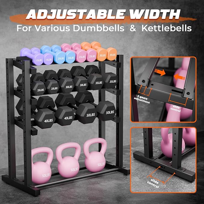 Upgraded 4-Tier Dumbbell Rack, 1100LBS Weight Rack for Home Gym, Barbell Holder Bumper Plate Storage Rack with Adjustable Height & Width Design, Heavy Duty Weight Storage Organizer (Rack Only)