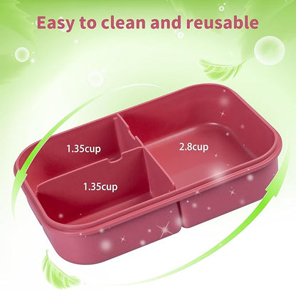 Wheat Straw Lunch Box, Leakproof 3-Compartment Bento Box for Kids & Adults, BPA-Free Lunch Containers, Microwave & Dishwasher Safe, 5.5 Cup (Muted Red)