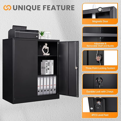 Metal Garage Storage Cabinets with Lock, 36" Tall Tool Cabinet with 2 Door and 2 Adjustable Shelves, Locking Garage Cabinets and Lockable Steel Locker for Home Office Warehouse - (Black-36”H)