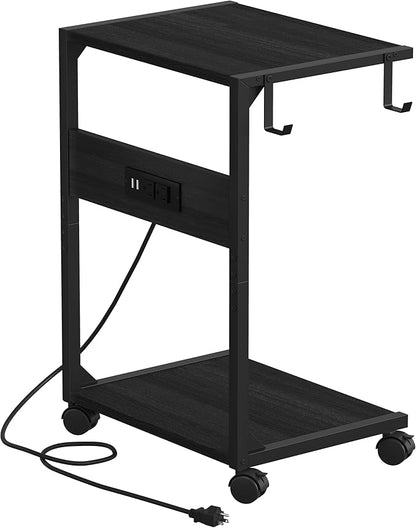 2 Tier Computer Tower Stand with Charging Station, 11.8" D x 16.5" W Rolling Floor PC Tower Stand Fits Under Desk, CPU Holder Cart for Carpet with Hooks, Home Office