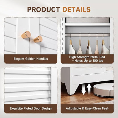 Letaya Metal Wardrobe Cabinets,71" Tall Armoire Wardrobe Closet with Fluted Doors and Shelves,Large Coat Closet Cabinet with Hanging Rod,Clothing Storage Cabinets for Home Room (White)