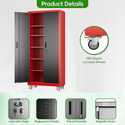 Aobabo Metal Garage Storage Cabinets with Wheels,Steel Cabinets with 5 Adjustable Shelves for Garage Home Office Storage, Red-Black,Assembly Required