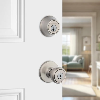 Kwikset Tylo Front Door Lock Handle and Deadbolt Set, Entry Combo Pack Single Cylinder with Entry Door Knob, Satin Nickel, Pick Resistant SmartKey Security, with Microban Protection