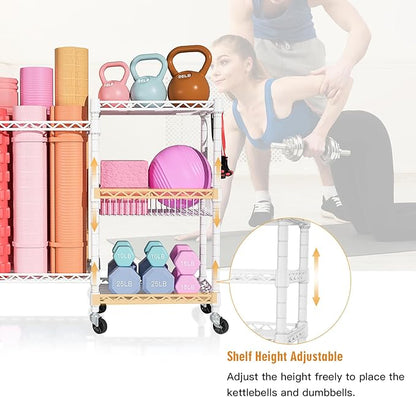 FUTASSI Home Gym Storage, 3 Tiers Workout Equipment Organizer with Wheels for Yoga Mats, Foam Roller, Dumbbells, Kettlebells, and Resistance Bands