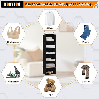 Hanging Closet Organizer and Storage 6-Shelf, Easy Mount Foldable Hanging Closet Wardrobe Shelves, Clothes Handbag Shoes Accessories Storage, Washable Oxford Cloth Fabric, Black