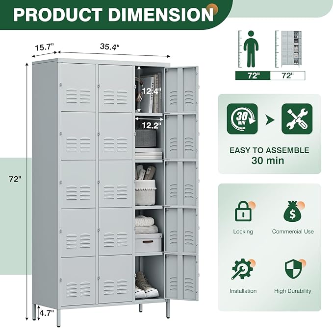 Letaya Metal Lockers for Employees-15 Door Storage Locker with Shelves and Lockable Steel Cabinet for School,Gym,Office,Staff(Grey, 15 Door)