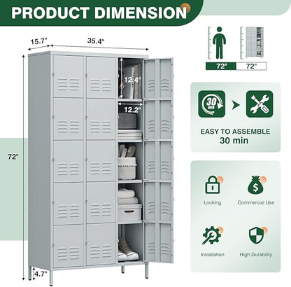 Letaya Metal Lockers for Employees-15 Door Storage Locker with Shelves and Lockable Steel Cabinet for School,Gym,Office,Staff(Grey, 15 Door)