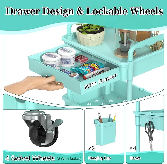 3-Tier Rolling Cart with Drawer & Lockable Wheels, Bathroom Storage Organizer Multifunctional Rolling Storage Cart for Bathroom, Kitchen, Office, Craft, Makeup, Baby Essentials, Blue