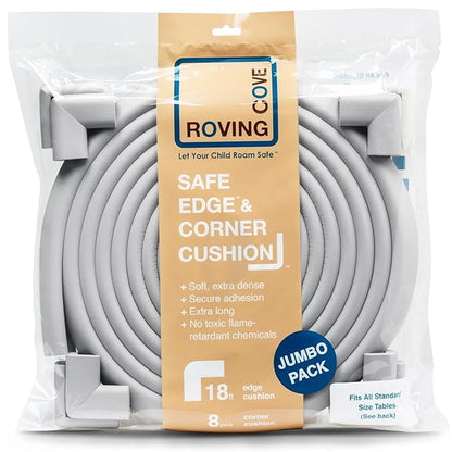 Roving Cove HeftyFit Edge Corner Protector Baby Proofing (Large 18ft Edge 8 Corners), Heavy-Duty, Soft NBR Rubber Foam, Furniture Fireplace Safety Bumper Guard, 3M Adhesive, Stone Grey