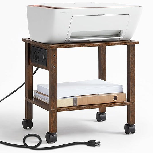 2 Tier Under Desk Printer Stand with Storage, Small Printer Table with Charging Station, Rolling Printer Cart Shelf with Lockable Wheels for Home, Office (Brown)