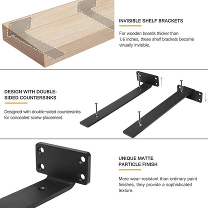 HITOMEN Heavy Duty Floating Shelf Brackets, 12-Inch (1/5'' Thick) Hidden Shelves Hardware, Iron L Brackets, Rustic Industrial Black Metal Wall Shelving Supports, 8 Pack