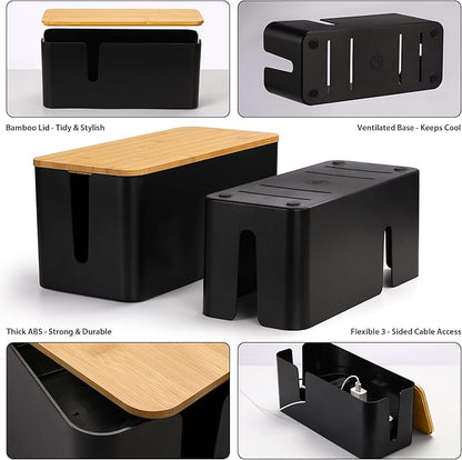 ZhiYo Bamboo Lid Cord Organizer Box, Safe ABS Cable Management Box for TV and Computer, Wood Cover Cord Hider to Hide Wires, Router, USB Hub & Under Desk Power Strip, 1 Pack L13.1 xW5.6 xH5.6 Black