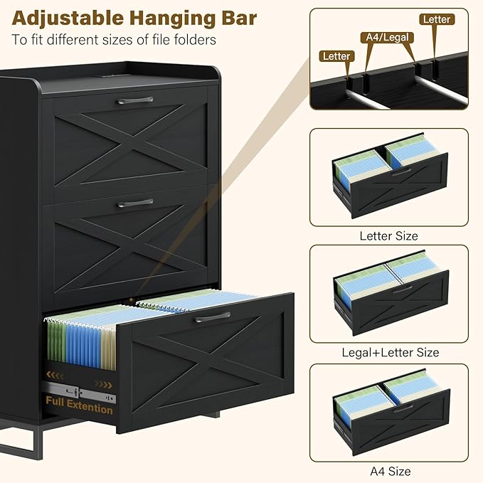 File Cabinet 3 Drawers Lateral File Cabinet with Charging Station for Letter/Legal/A4 Size Hanging Files, Large Wood File Storage Cabinets Printer Stand for Home Office, Black