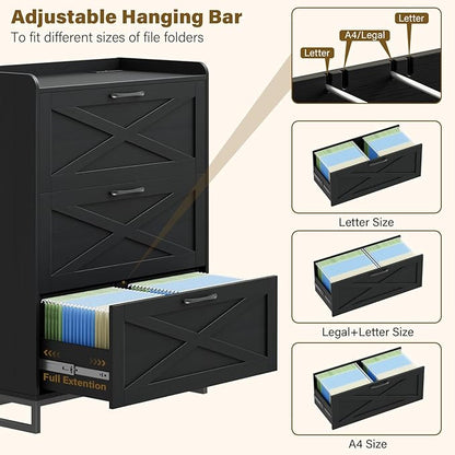File Cabinet 3 Drawers Lateral File Cabinet with Charging Station for Letter/Legal/A4 Size Hanging Files, Large Wood File Storage Cabinets Printer Stand for Home Office, Black