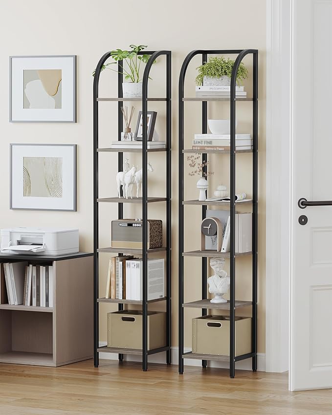 Bookshelf Bookcase Narrow Bookcase Shelf Organizer with Steel Frame for Study Living Room Bedroom Kitchen Home Office Industrial Bookshelf 6-Tier Greige BC56005B