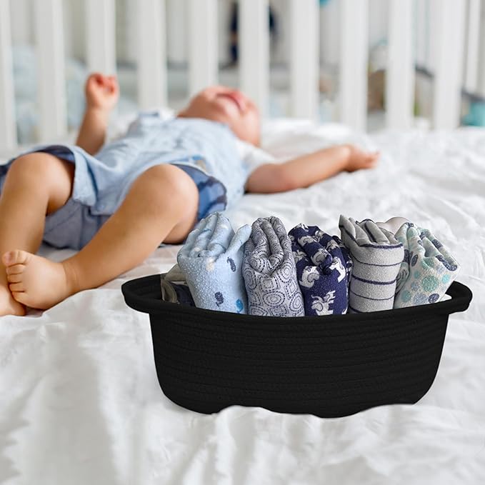 Small Woven Gift Basket, Baskets for Gifts Empty, Cotton Rope Cat Dog Toy Bin Box, Nursery Baby Organizer, Wicker Easter Basket with Handle, Shelf Storage Bin for Decor, Black, 12"x 8"x 5"