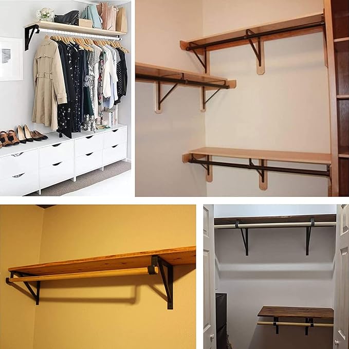 4 Pack Heavy Duty Closet Rod Brackets Holder 11 x 11 x 1 Inch White Closet Rod Support Bracket Black Steel Closet Rod Holders for Hanging Clothes Rod Support Brackets (Black - 4Pack)