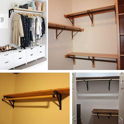 4 Pack Heavy Duty Closet Rod Brackets Holder 11 x 11 x 1 Inch White Closet Rod Support Bracket Black Steel Closet Rod Holders for Hanging Clothes Rod Support Brackets (Black - 4Pack)