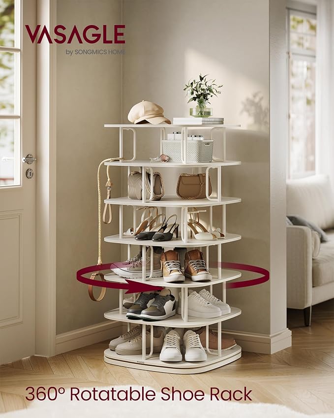 VASAGLE 7-Tier Shoe Rack, Rotating Shoe Rack Tower, Shoe Closet Organizer, Shoe Shelf, 28-35 Pairs, 23.6 x 23.6 x 47.2 Inches, for Entryway, Living Room, Closet, Cream White ULBS041W01
