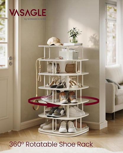 VASAGLE 7-Tier Shoe Rack, Rotating Shoe Rack Tower, Shoe Closet Organizer, Shoe Shelf, 28-35 Pairs, 23.6 x 23.6 x 47.2 Inches, for Entryway, Living Room, Closet, Cream White ULBS041W01