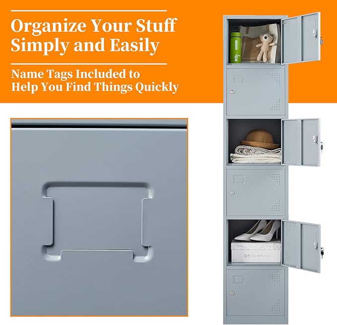 Metal Locker with 6 Doors, 71" Lockers for Employees Steel Storage Locker, Lockable Locker Cabinet for School, Gym, Home Office and Garage（Grey）