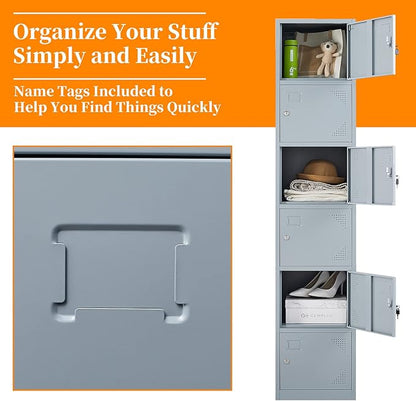 Metal Locker with 6 Doors, 71" Lockers for Employees Steel Storage Locker, Lockable Locker Cabinet for School, Gym, Home Office and Garage（Grey）