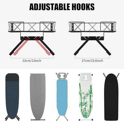 Ironing Board Hanger Wall Mount, Ironing Board Holder, Laundry Room Decor Organization and Storage with Large Storage Grid Base Basket and Removable Hooks(T&V Shaped) for Laundry/Living Room/Bathroom