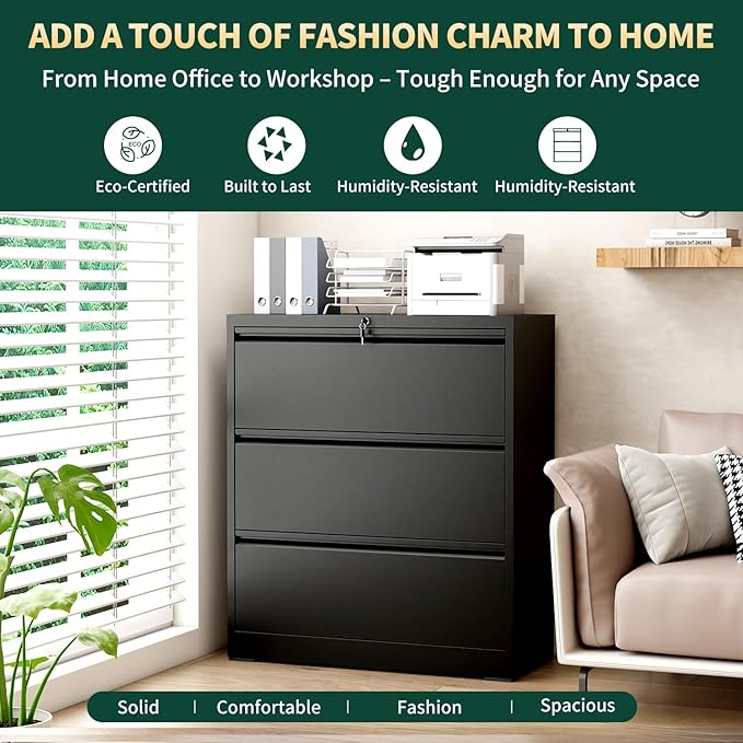 3 Drawer Lateral File Cabinet, Metal File Cabinets for Home Office with Lock, Large Filing Storage Cabinet Printer Stand, Steel Wide File Cabinet for Legal/A4/F4/Letter,Require Assembly,Black