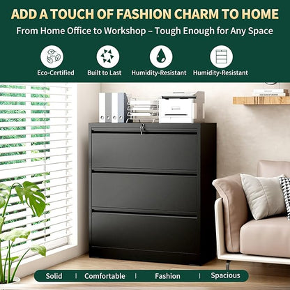 3 Drawer Lateral File Cabinet, Metal File Cabinets for Home Office with Lock, Large Filing Storage Cabinet Printer Stand, Steel Wide File Cabinet for Legal/A4/F4/Letter,Require Assembly,Black